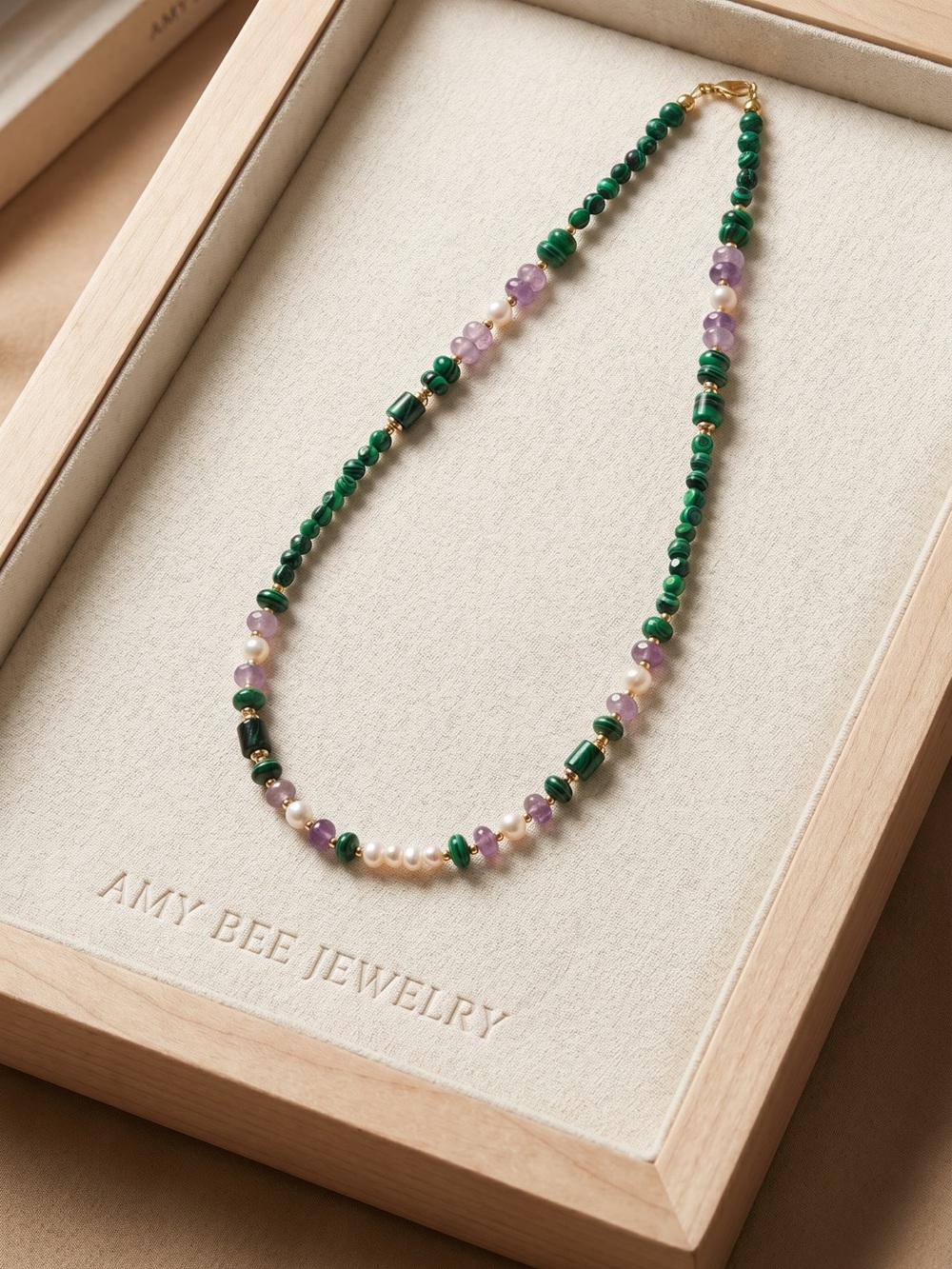 18k Gold Plated Green Malachite & Freshwater Pearl Beaded Necklace. New.